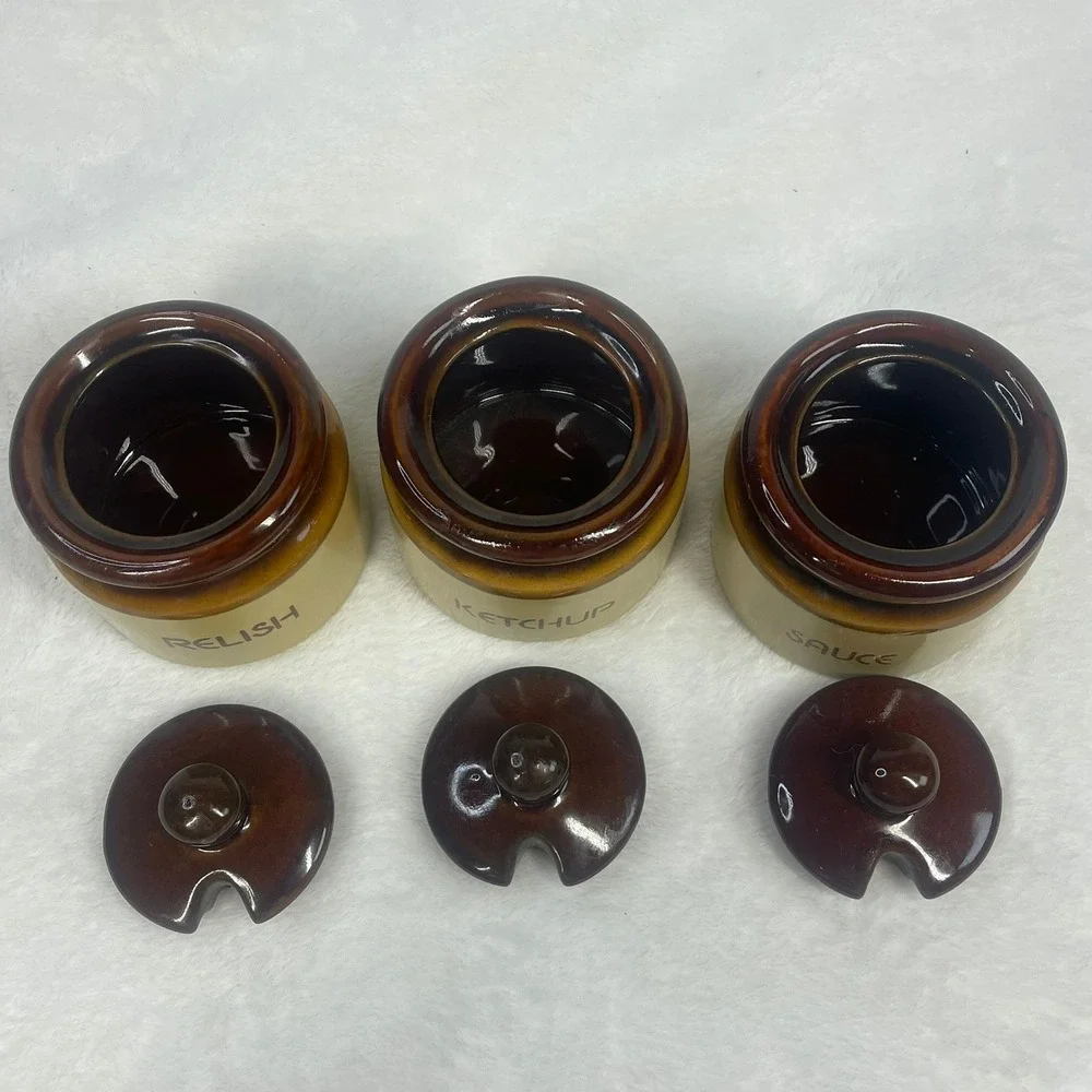 Vintage Condiment Jar Set Brown Tan Ceramic Stoneware 3pc Set